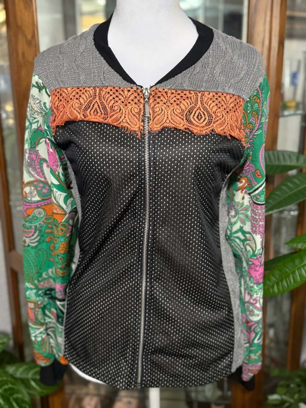 Gimmicks by BKE Mixed Media Patchwork Mesh and Paisley Zip-Up Jacket
